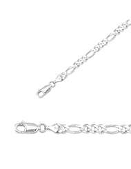 24" 14K White Gold 3.8mm (1/7") Polished Diamond Cut Alternate 3 Round 1 Long Oval Shape Classic Figaro Chain w/ Lobster Clasp