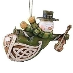 4" Woodcut Green Irish Snowman with Violin Christmas Ornament