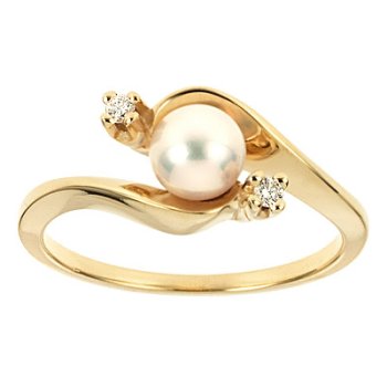 14k Yellow Gold Cultured Pearl and Diamond Ring, 5.5mm. under Bypass in The Jewelry Store