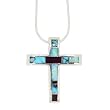 Southwestern Three Dimensional Cross by Navajo Native American Artist with Turquoise, Sugilite and Opal Inlay in Sterling Silver on 18" Snake Chain, #7733