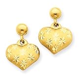 14k Gold Satin Diamond-cut Puffed Heart Dangle Post Earrings