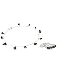 Sterling Silver Black Hand -Blown Glass Beads Toe Ring and Chain Anklet, 10"