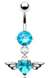 14g Dangling Aqua Heart Sexy Belly Button Navel Ring Dangle Body Jewelry Piercing with Angel Wings and Surgical Steel Bar 14 Gauge 3/8" Nemesis Body JewelryTM