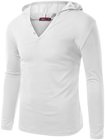 Doublju Men Trendy Longsleeve Slim Fit Henley Hoodie, White, L