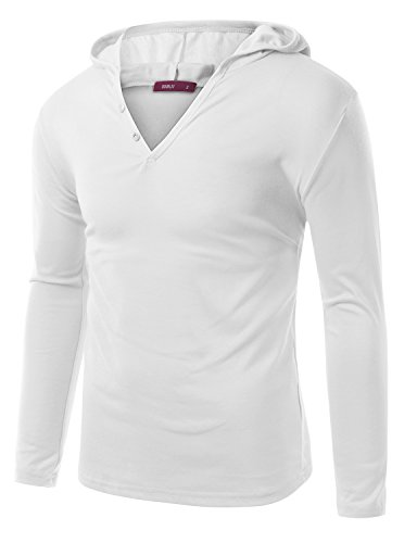 Doublju Men Trendy Longsleeve Slim Fit Henley Hoodie, White, L