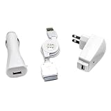 Universal Apple iPod USB Charger Kit - USB Retractable Hotsync Cable - USB Home Travel Charger - USB 12V Cigarette Lighter Charger