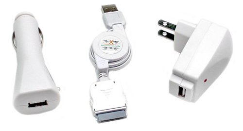 Universal Apple iPod USB Charger Kit - USB Retractable Hotsync Cable - USB Home Travel Charger - USB 12V Cigarette Lighter Charger