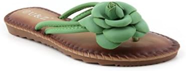 Green Camellia Style Cow Leather Ladies Flip Flop Sandals 6 M US Women