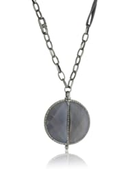 Paige Novick "Sliced" Medallion In Grey Agate with Swarovski Crystal On Leather Necklace