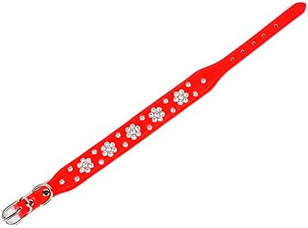 AM MARCH 10"-13" Rhinestone Bling plum flower Studded Leather Dog Collar, 0.98" Wide( Small size,Red)
