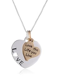 Two-Toned Sterling Silver with Yellow Gold Flashed "Love The Life You Live" Double Heart Pendant Necklace , 18"