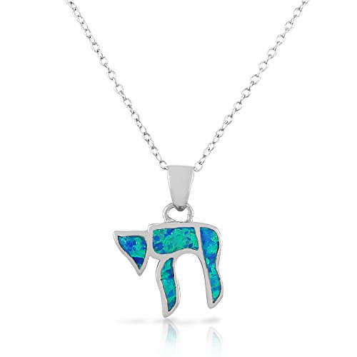 My Daily Styles925 Sterling Silver Blue Simulated Opal Turquoise-Tone Jewish Chai Living Charm Pendant Necklace