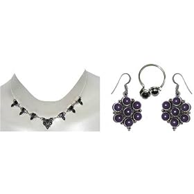 Necklace and Earrings with Rings Sterling Silver and Amethyst Gemstones (gnklcs115)