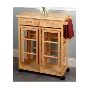 Breakfast Bar Cart Set with Drop-Leaf Table and 2 Stools by