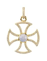 14K Yellow Gold Chalcedony and Diamond Maltese Cross Pendant -- LIFETIME WARRANTY