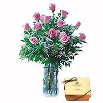 One Dozen Long Stem Boxed Pink Roses & 4 piece Godiva Chocolate Ballotin