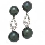 14k White Gold, Diamond & Tahitian Black Pearl Dangle Post Earrings (0.29ctw)