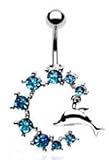 Semi Circle Belly Button Navel Ring with Dangling Dolphin and Aqua Gems