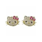 Hello Kitty Ohrringe / Ohrstecker mit klaren und pinken Zirkonia Diamanten, 14 Karat Gold Vermeil