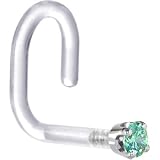 18 Gauge 1 4 Inches White Gold 1.5mm Mint Green Cubic Zirconia Bioplast Nose Ring