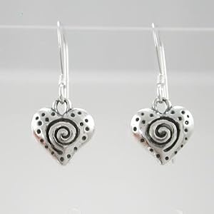 Little Heart Shaped Dangle Earrings with Whirlwind Designs in Sterling Silver, #9219