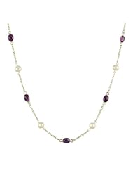 Sterling Silver with 10 Freshwater Pearls and 7 Amethyst Oval Cabochon Necklace, 18"