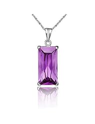 Queen Jewelers Sterling Silver Rectangular Amethyst Pendant - Italian Sterling Silver Cable Chain 18"