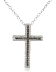 Sterling Silver Black and White Diamond Cross Pendant Necklace
