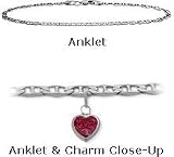 10 K 9" White Gold Flat Gucci Style Created 1.00 tcw. Ruby Stone Heart Charm Anklet