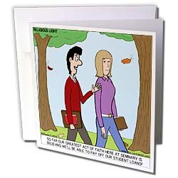 Rich Diesslins Funny Religious Light Cartoons - Test of Faith at Seminary in the Form of Student Loans - Greeting Cards-12 Greeting Cards with envelopes