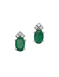 14K White Gold Oval Emerald and Diamond Earrings