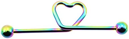 14G 1.5 Inch Rainbow PVD Plated 316L Surgical Steel Heart Industrial Barbell 493