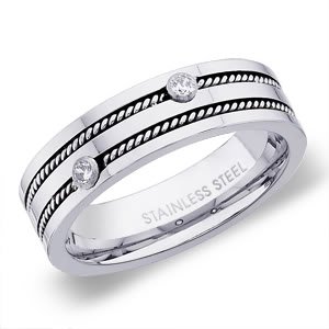 Valentine Gift : Peora Flat Edge Double Milgrain Striped 316L Stainless Steel Ring Band for Men PSR162 (25)
