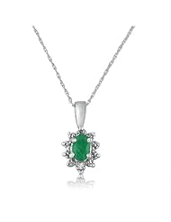 10K White Gold Oval Emerald and Diamond Pendant 18" Chain