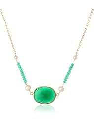 Green Onyx Faceted Bezel and Rondelle Bead, Potato White Freshwater Cultured Pearl and Gold over Silver Chain Necklace, 16"+2" Extender