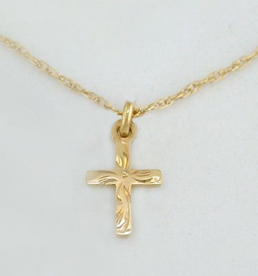 Childrens Toyshop  Jewelry : 14K Yellow Gold Baby's Engraved Cross with 16" Rope Chain