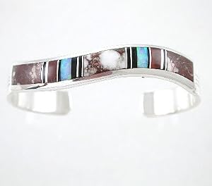 Southwest Wild Horse Turquoise, Black Onyx and Opal Inlaid Cuff Bracelet in Sterling Silver by Native American Indian Artist James Lee, #7763