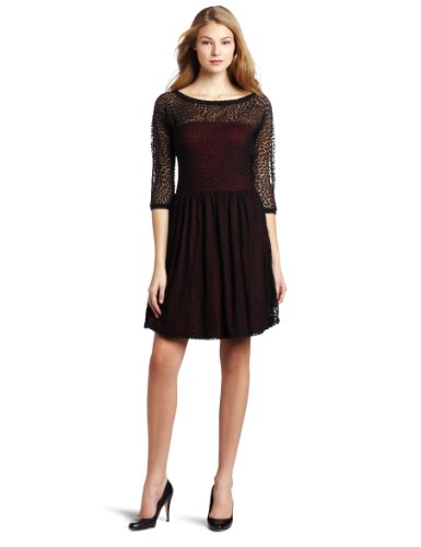 Weston Wear Women's Char Sheer Neckline and Sleeve Dress, Red, Medium