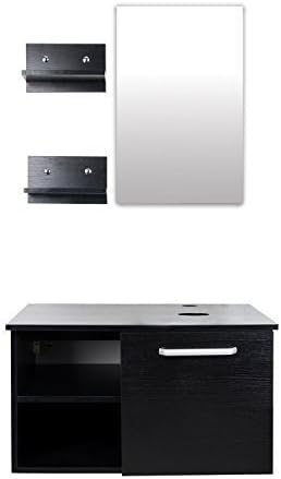 Elecwish 28" inch Wall-Mount Vanity Cabinet Round Ceramic Vessel Sink with Mirror Two Shelves Coated Black