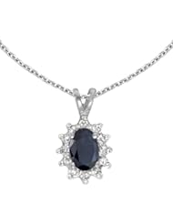 14k White Gold Oval Sapphire And Diamond Pendant with 18" Chain