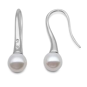Miore 9ct White Gold White Cultured Freshwater Pearl and Diamond Hook Earrings MG9041E