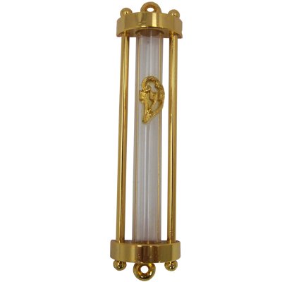Mezuza for Jewish Home. Brass and Gold Plated. Glass Cylinder in Middle. Contemporary Design. Made in ISRAEL. Size: 5