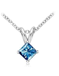 Princess-Cut Blue Diamond Solitaire Pendant AAA Quality in White Gold - Free Shipping