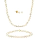 4-5mm 14k Gold Genuine Freshwater Cultured White Pearl Necklace Bracelet Stud Earring Set