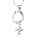 Sterling Silver "Believe" Circle With Cross Pendant, 18"