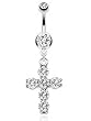 White Crystal CZ Dangle Belly Button Navel Ring Bar Silver - Spiritual - Cross Belly Button