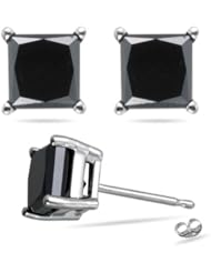 1/2 (0.46-0.55) Cts of 3.00-3.30 mm AAA Princess Black Diamond Stud Earrings in 14K White Gold
