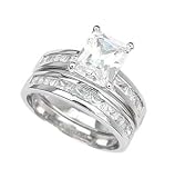 Sterling Silver Wedding Ring Set with Emerald Shape Cubic Zirconia in Four Prong Setting