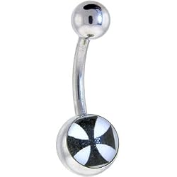 White and Black Gothic Cross Logo Belly Button Ring