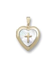 GOLD FILLED Heart Mother Of Pearl Cross Locket 3/4 inch x 3/4 inch